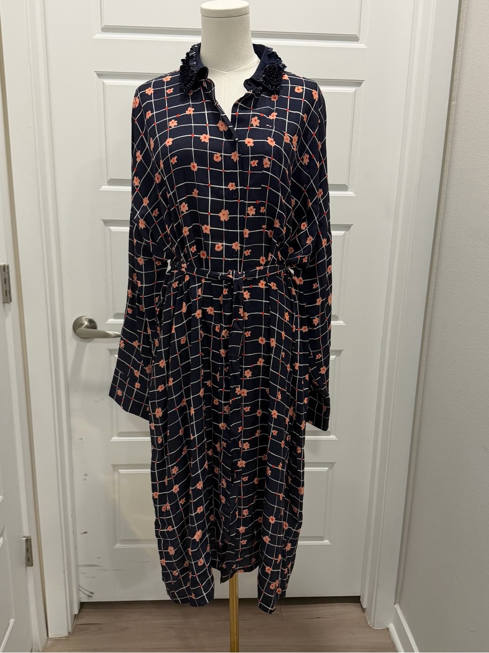 Essentiel Antwerp Navy Grid Floral Shirt Dress with Belt and Sequined Collar